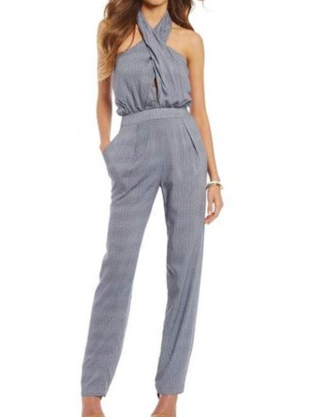 NWT Gianni Bini Jumpsuit Eloise Pacific Sail Large Halter Top Tapered Pants